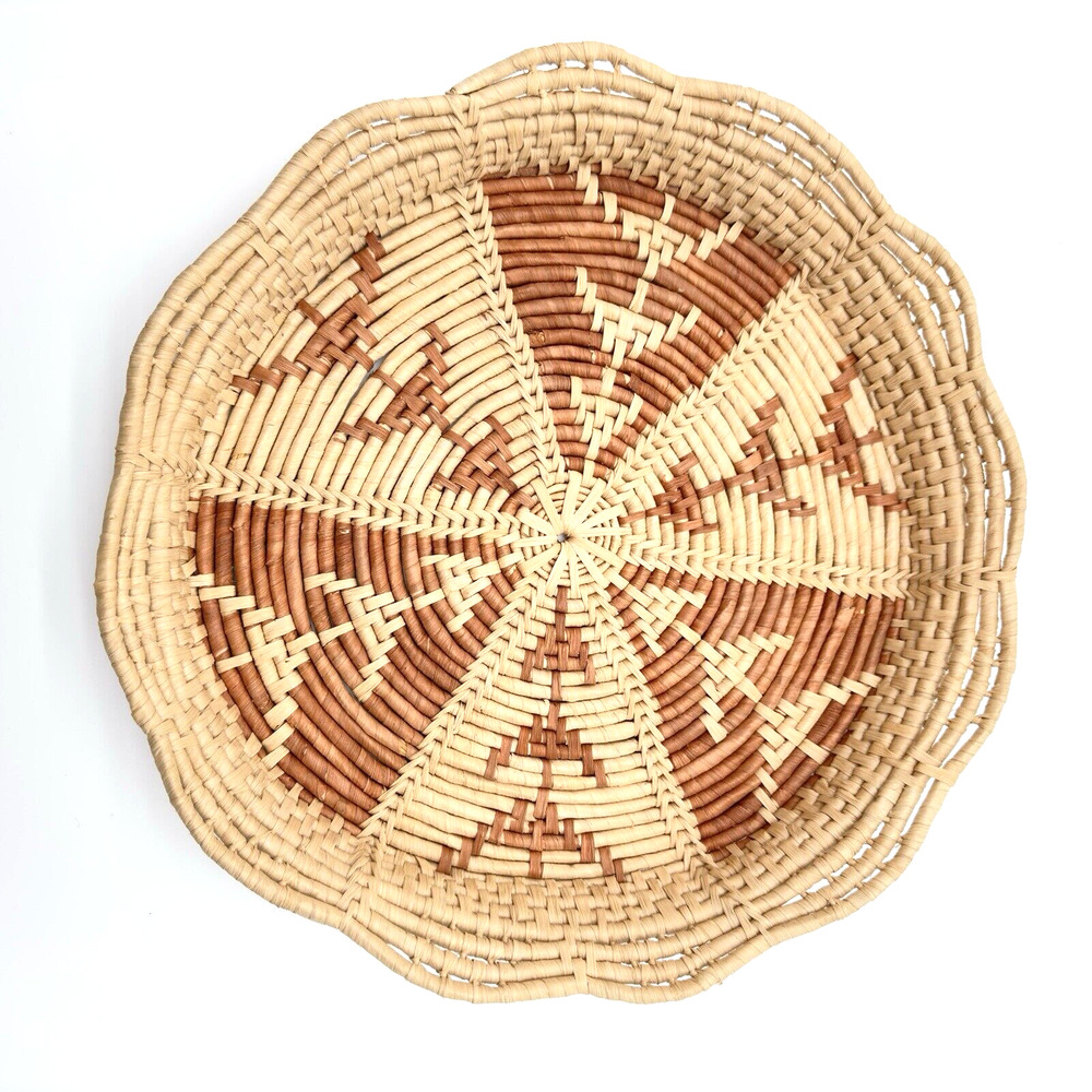 Hand Woven Coiled Basket 15.5" Palm Grass Wall Decor Tray Geometric Design Boho